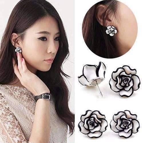Black and White Rose Hand Crafted Clay Stud Earrings