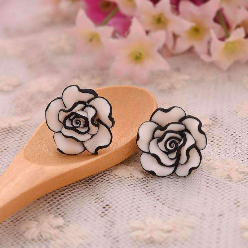 Black and White Rose Hand Crafted Clay Stud Earrings