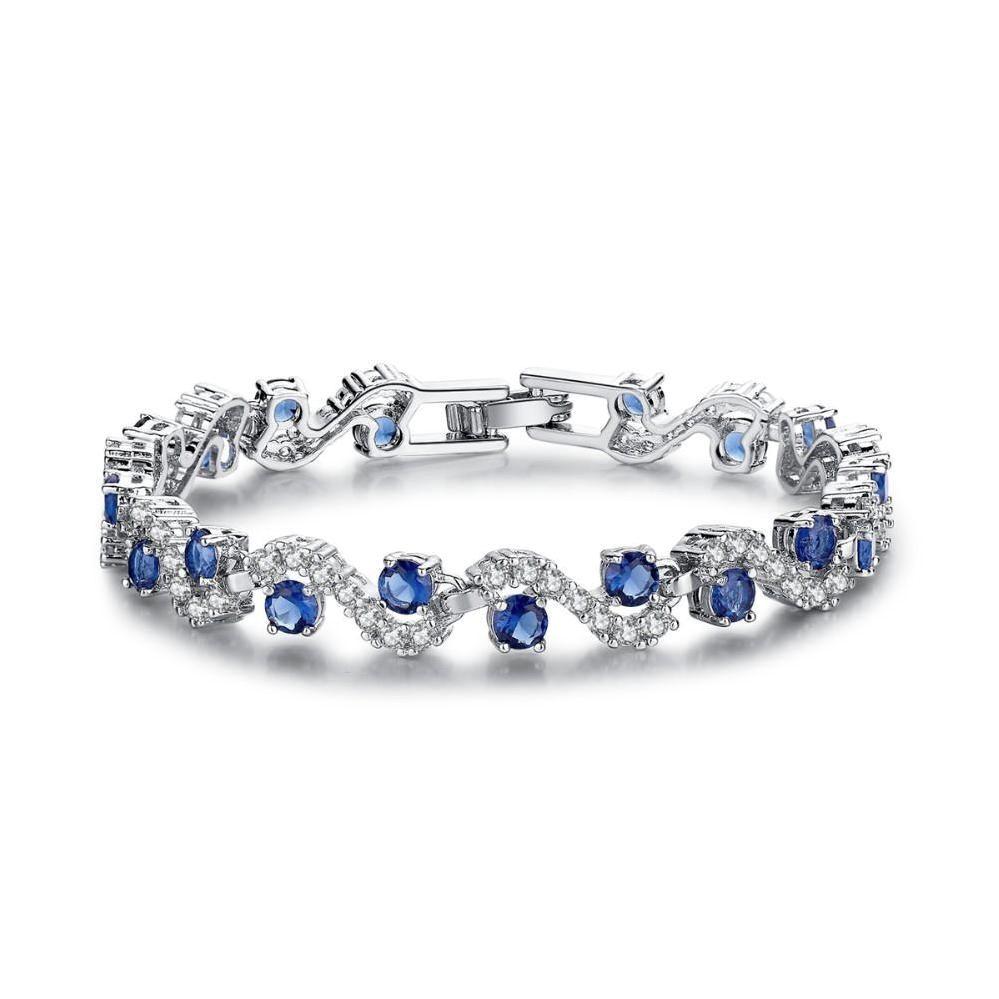 Blue Sapphire CZ Waves CZ Diamonds Tennis Bracelet for Women Special Occasion