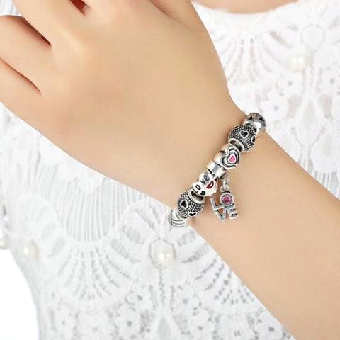 True Love Heart Charm Bead Bangle Bracelet