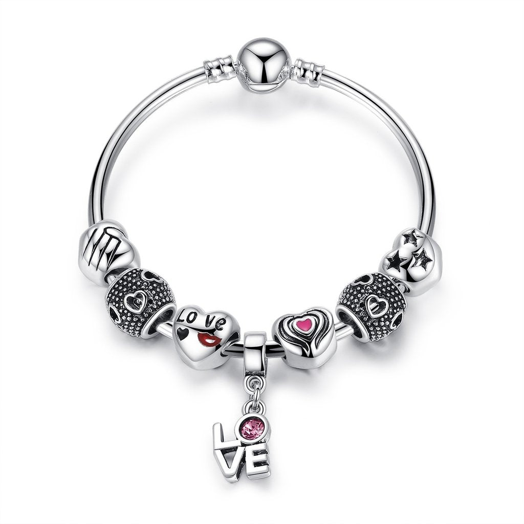 True Love Heart Charm Bead Bangle Bracelet