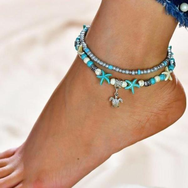 Sea Turtle & Starfish Turquoise Bead Anklet