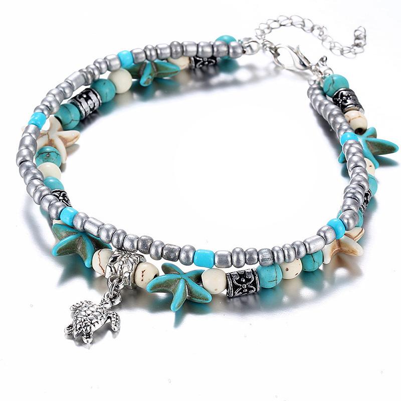Sea Turtle & Starfish Turquoise Bead Anklet