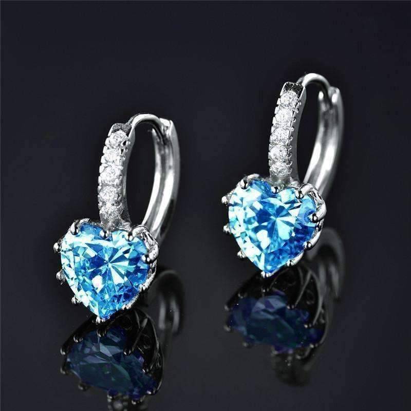 Heart Shaped Island Blue Diamond CZ Solitaire Hoop Earrings
