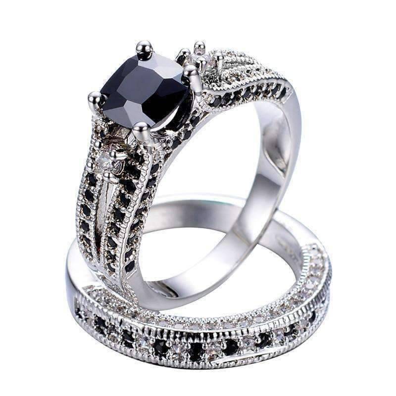 Midnight Rendezvous Black CZ Solitaire Engagement Ring Set