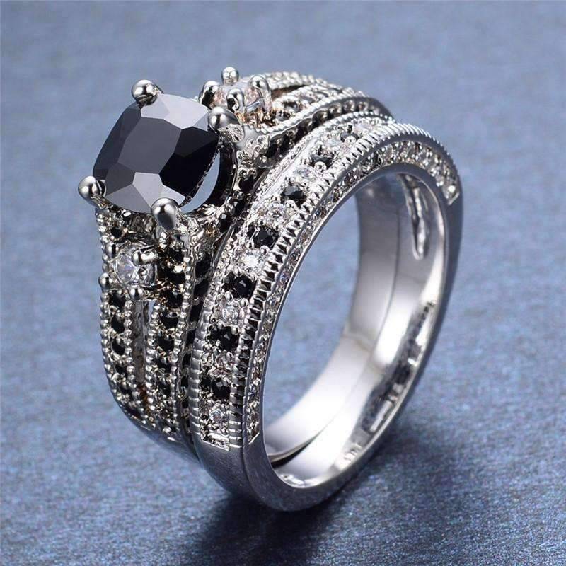 Midnight Rendezvous Black CZ Solitaire Engagement Ring Set