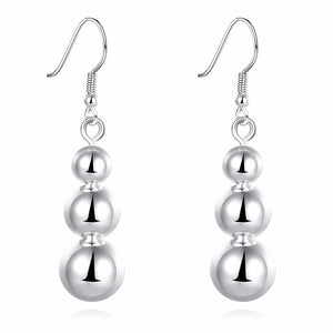 Silver Triple Bead Dangling French Hook Earrings