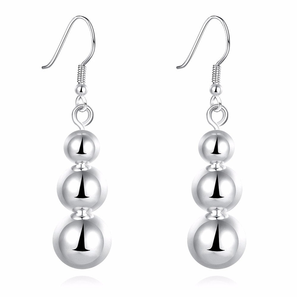 Silver Triple Bead Dangling French Hook Earrings