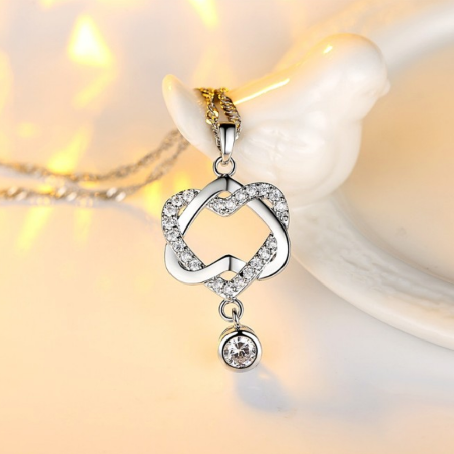 Interlocked Heart Drop CZ Pendant Necklace