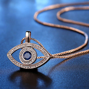 Sparkling Blue Evil Eye CZ Necklace in White or Rose Gold
