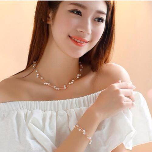 Layered Pearl Bead Station Necklace, Bracelet and Earrings Set