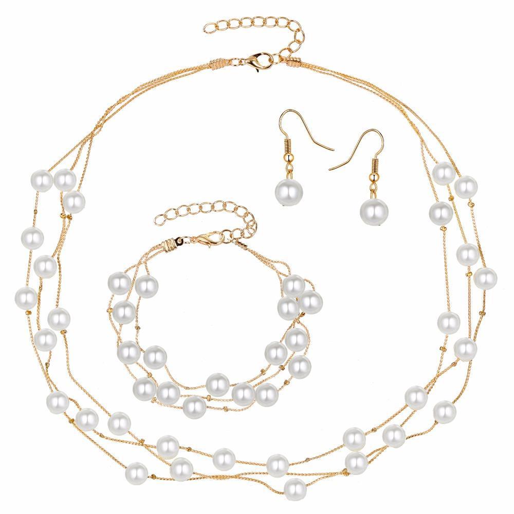 Layered Pearl Bead Station Necklace, Bracelet and Earrings Set