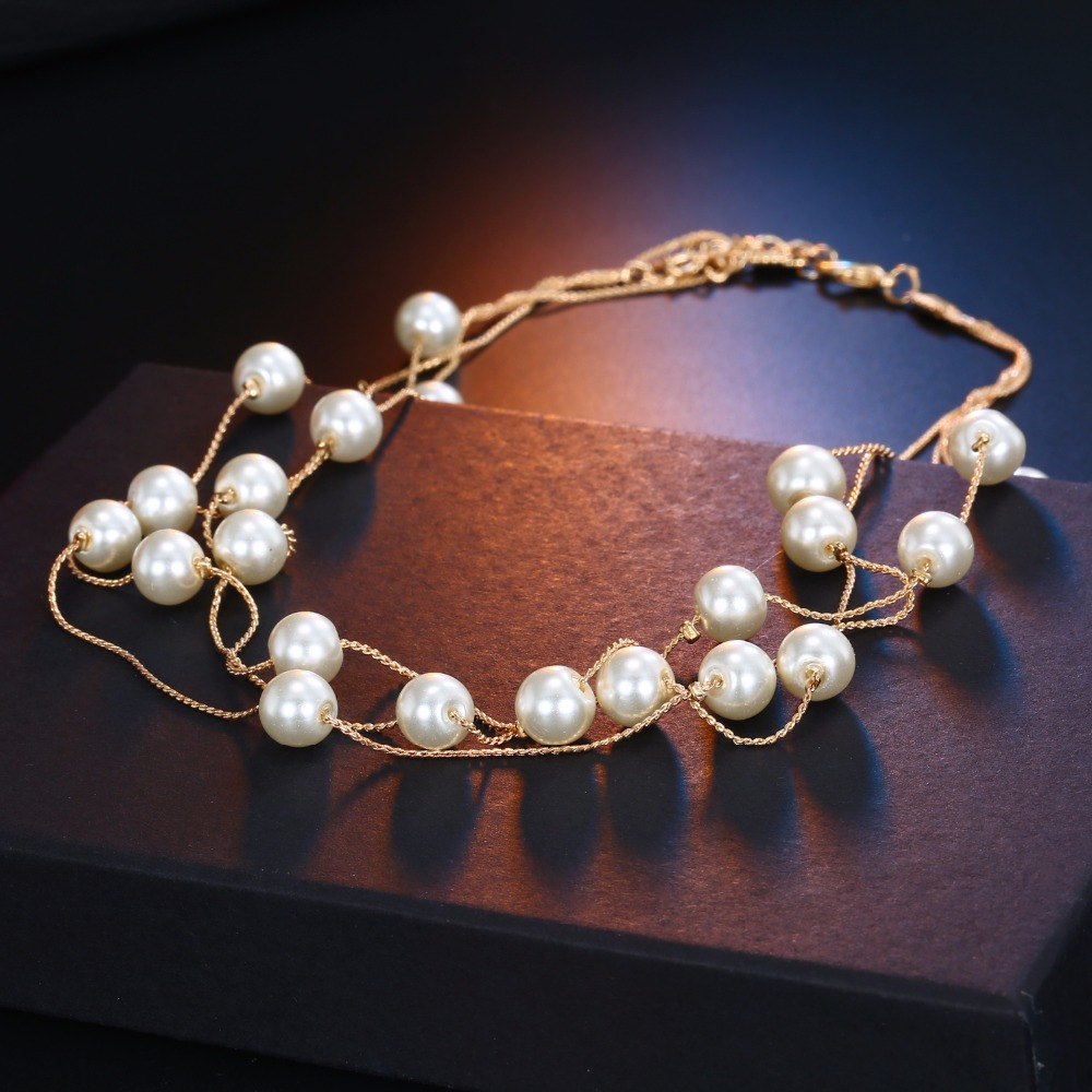 Layered Pearl Bead Station Necklace, Bracelet and Earrings Set