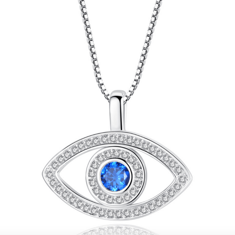 Sparkling Blue Evil Eye CZ Necklace in White or Rose Gold
