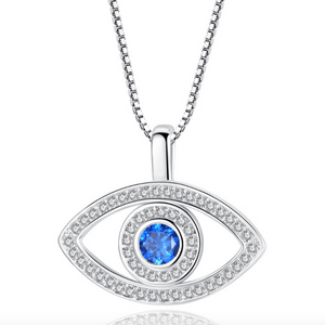 Sparkling Blue Evil Eye CZ Necklace in White or Rose Gold