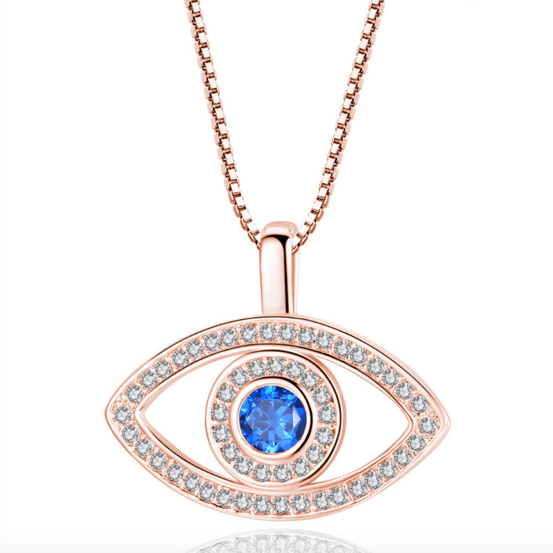 Sparkling Blue Evil Eye CZ Necklace in White or Rose Gold