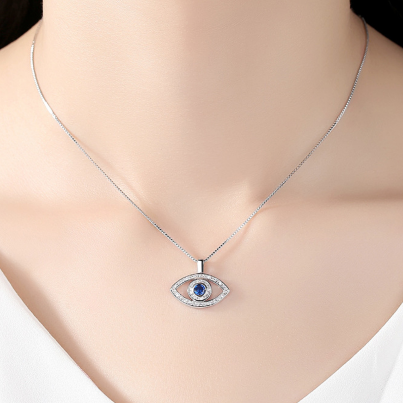 Sparkling Blue Evil Eye CZ Necklace in White or Rose Gold