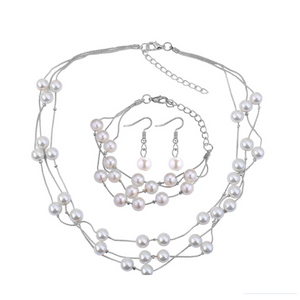 Layered Pearl Bead Station Necklace, Bracelet and Earrings Set