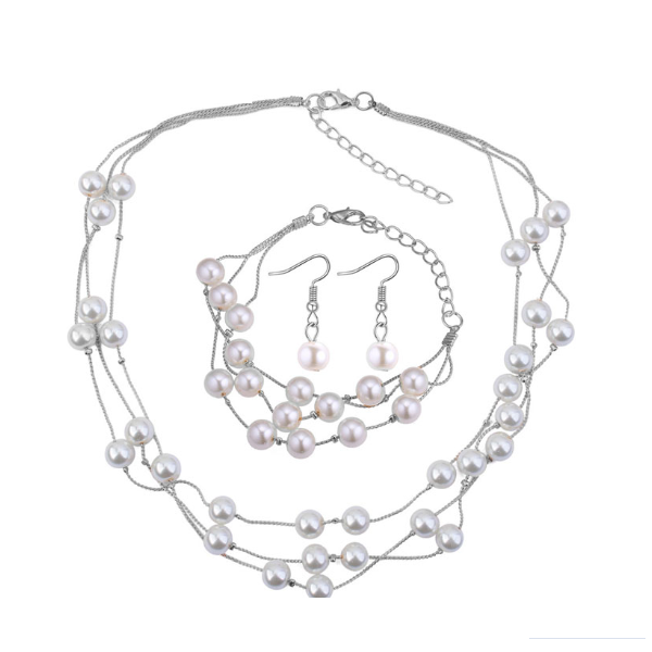 Layered Pearl Bead Station Necklace, Bracelet and Earrings Set