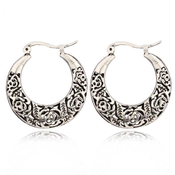 Etched Vintage Rose Hoop Earrings