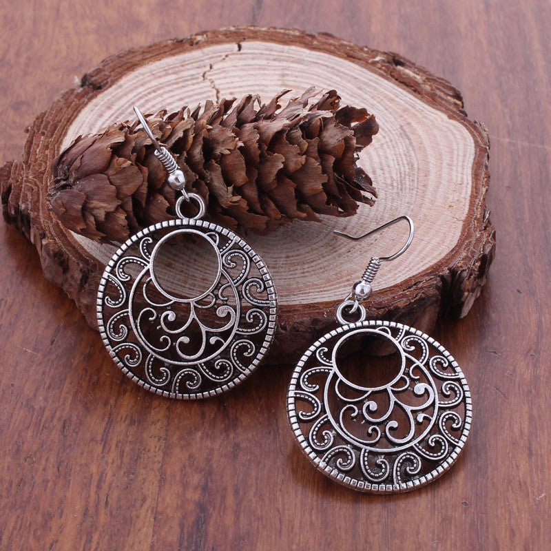 Round Boho Scroll Silver Patina Hook Earrings