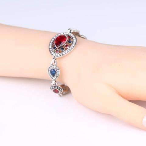 Crimson and Cobalt Crystal Tear Drop Vintage Inspired Silver Bracelet