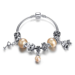 Peach Champagne Celebration Charm Bead  Silver Bangle Bracelet