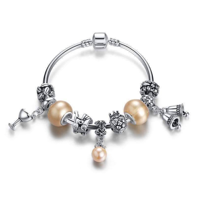 Peach Champagne Celebration Charm Bead  Silver Bangle Bracelet