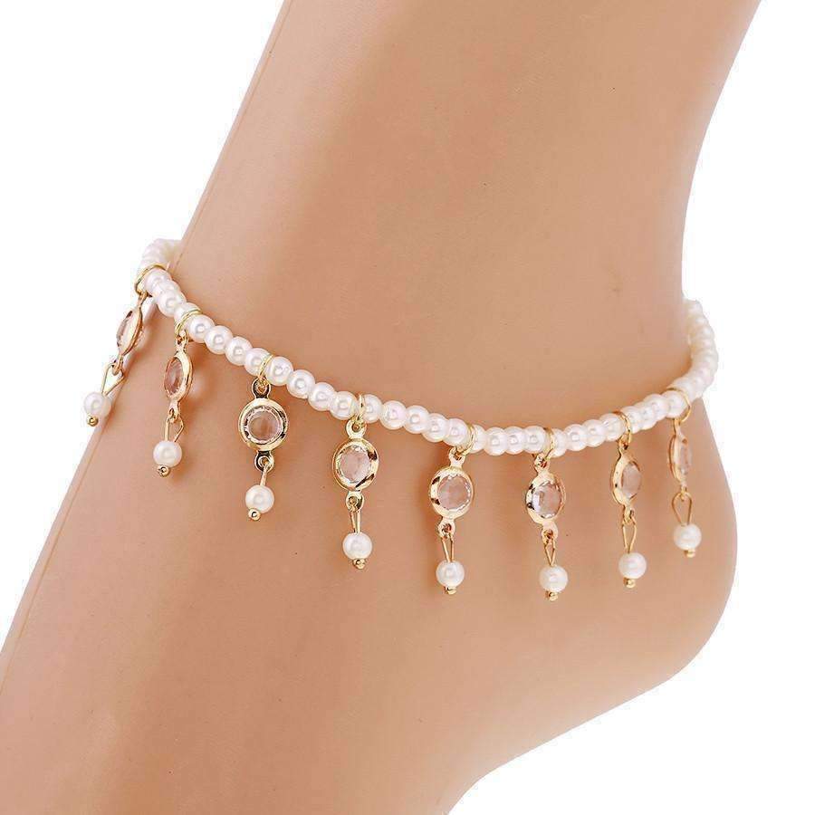 Pearl and Crystal Drop Ankle Bracelet Accented