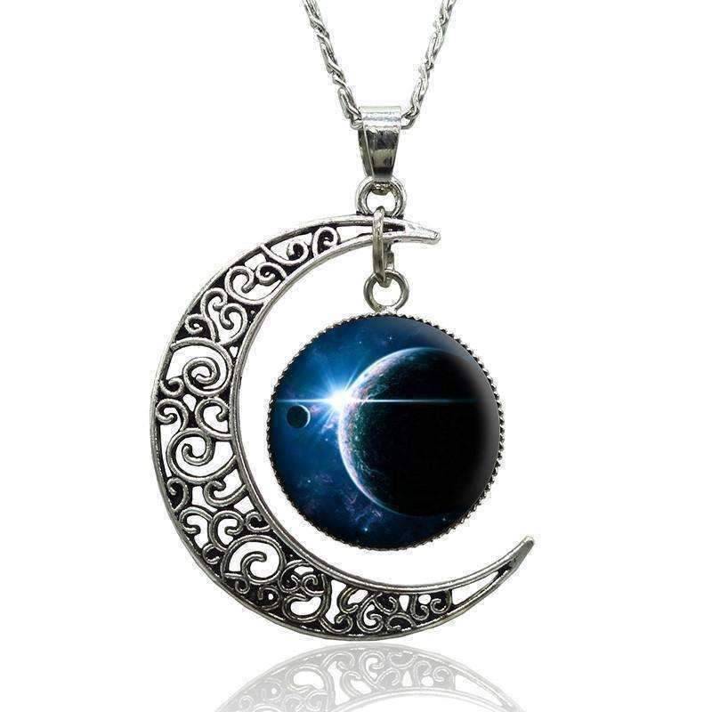 Spellbound Silver Crescent Moon and Cabochon Medallion Necklace