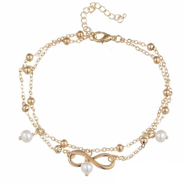 Pearl Beads Infinity Double Anklet In Silver or Gold