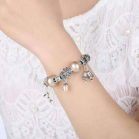 Peach Champagne Celebration Charm Bead  Silver Bangle Bracelet