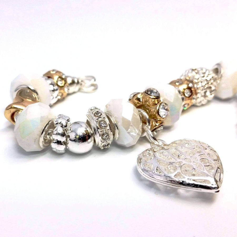 Pearl White Glass Beads With Heart Charm Bracelet