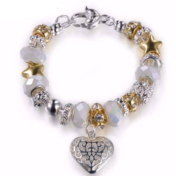 Pearl White Glass Beads With Heart Charm Bracelet
