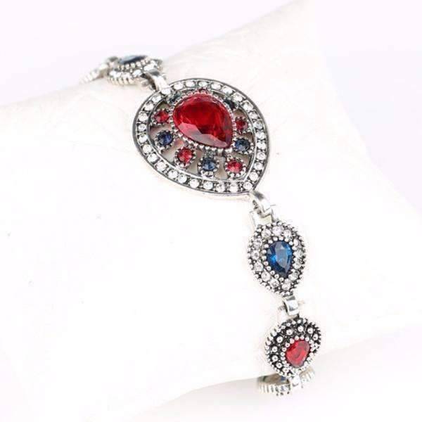 Crimson and Cobalt Crystal Tear Drop Vintage Inspired Silver Bracelet