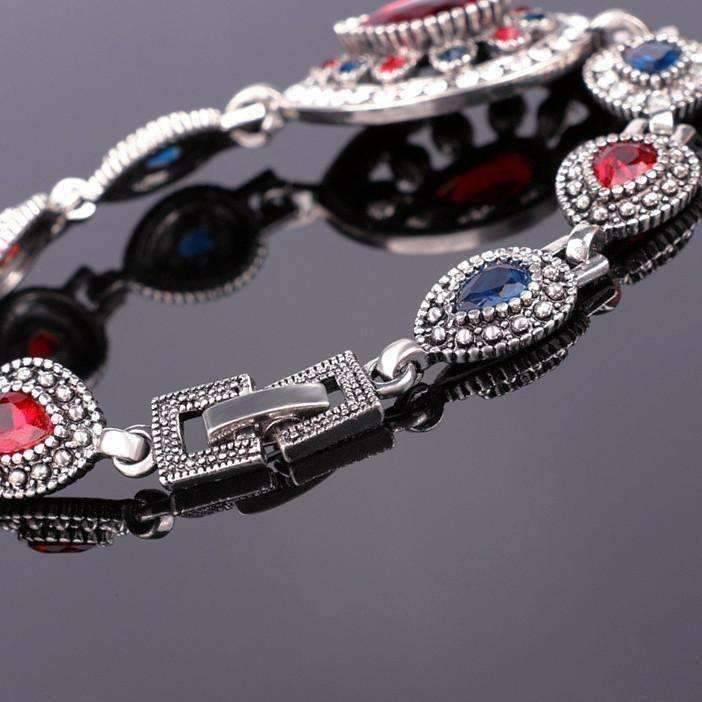 Crimson and Cobalt Crystal Tear Drop Vintage Inspired Silver Bracelet