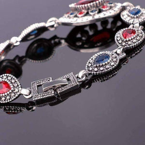 Crimson and Cobalt Crystal Tear Drop Vintage Inspired Silver Bracelet
