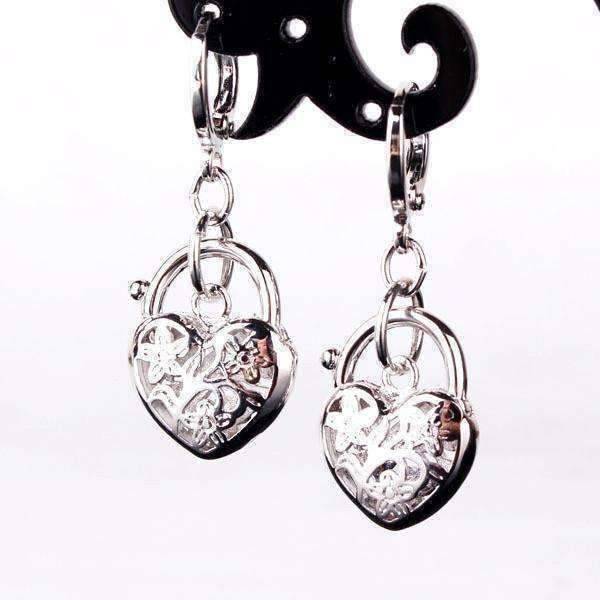 Floral Etched Heart Padlock Charm Earrings