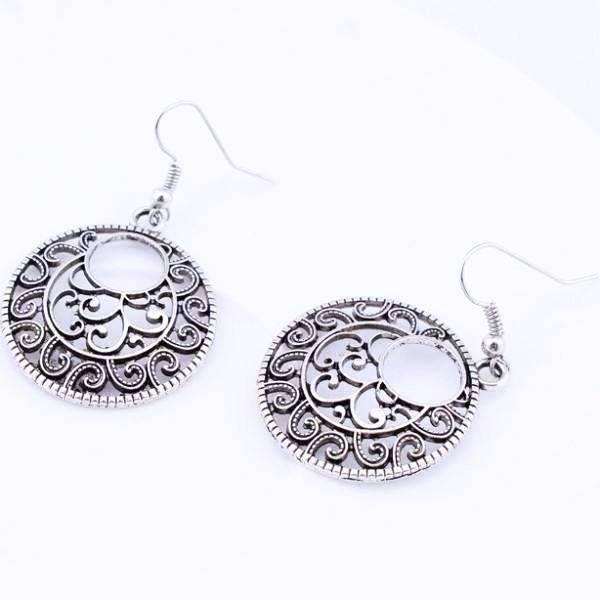 Round Boho Scroll Silver Patina Hook Earrings