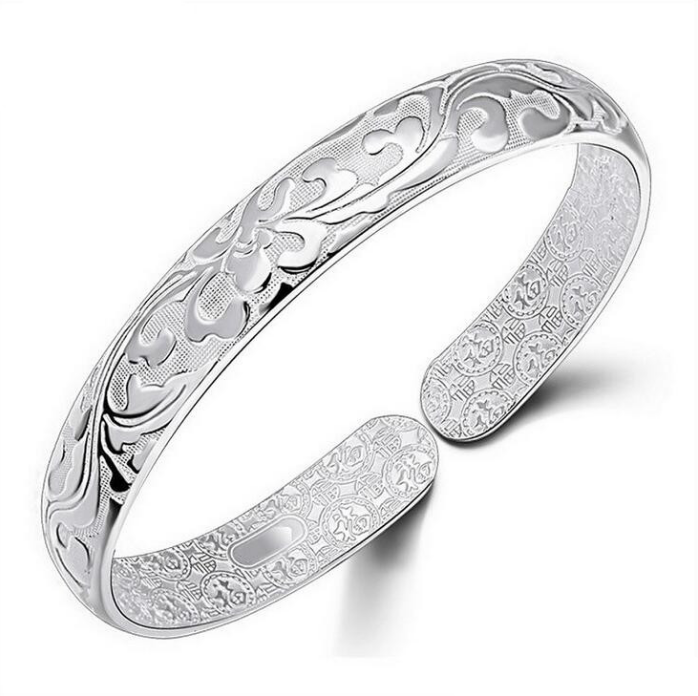 Scroll Carved Silver Cuff Bangle Bracelet