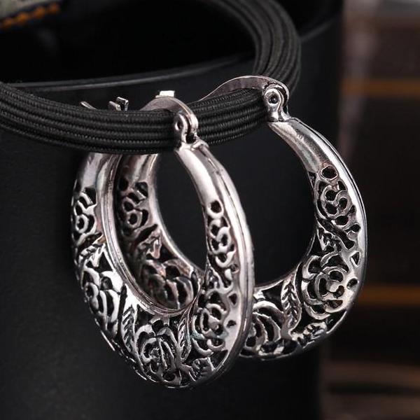 Etched Vintage Rose Hoop Earrings